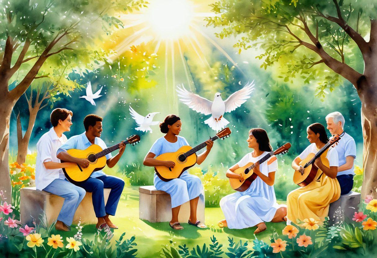 A serene scene with a diverse group of people sharing joyful moments while playing musical instruments in a lush park, surrounded by blooming flowers symbolizing compassion. Bright rays of sunlight streaming through the trees, illuminating their smiles and the instruments, creating a warm atmosphere. A gentle dove, a symbol of peace, flies above them. soft watercolor style. vibrant colors. soothing background.