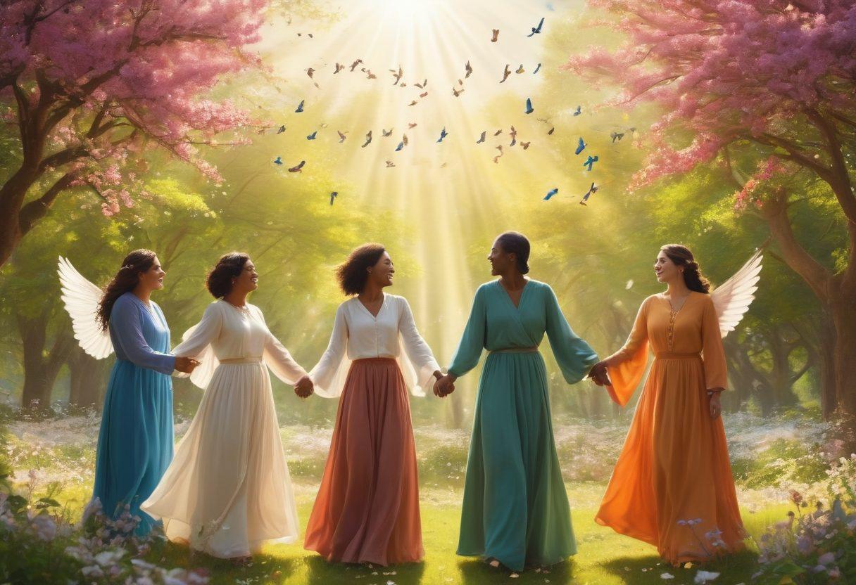 A serene scene depicting a diverse group of people joyfully singing together in a sunlit park, surrounded by blossoming flowers and birds in flight. They hold hands, embodying unity and faith, with musical notes gently flowing through the air. A soft halo of light shines down on them, emphasizing the theme of grace and happiness. The background features warm, inviting colors that evoke a sense of peace and upliftment. vibrant colors. super-realistic.