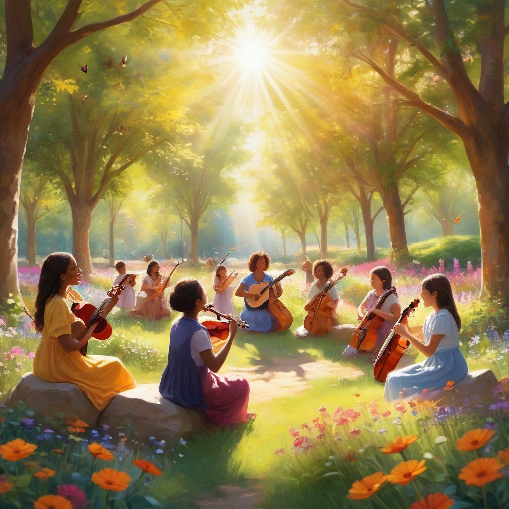 A serene scene depicting a diverse group of people joyfully playing musical instruments in a sunlit park, surrounded by colorful flowers and butterflies. Soft beams of sunlight break through the trees, illuminating their smiles and uplifting spirits. Include elements of mercy, like hands reaching out and uplifting each other, symbolizing community and support. Artistic, warm colors create a harmonious atmosphere. vibrant colors. painting.